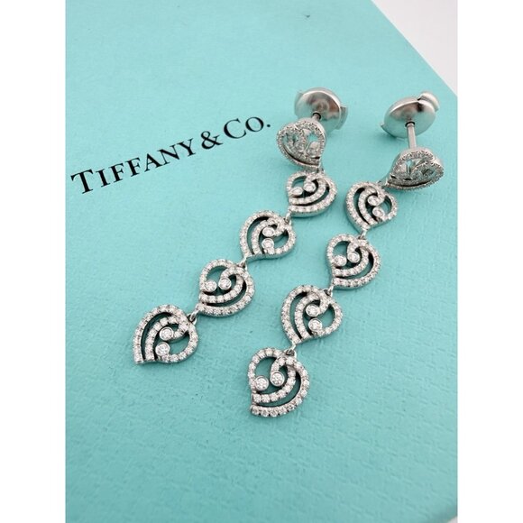 Tiffany & Co. Diamond Enchant Heart Drop Earrings Platinum 1.75" 10g RARE - Picture 4 of 8